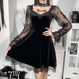 Gothic Lace Patchwork Ruffle Veet Vintage Lolita High Waist A Line Women Backless Sexy Elegant Party Dress