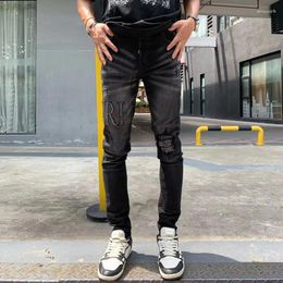 Men's Jeans Fashion Streetwear Men Retro Black Grey Elastic Stretch Skinny Fit Ripped Beading Patch Designer Hip Hop Brand Pants