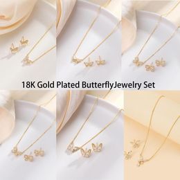 Necklace Earrings Set Women Luxury Stunning Zircon Butterfly Ear Stud Gold Plated Stainless Steel Chain Earring Suit For Wedding