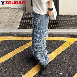 Mens Jeans Straight Trousers Fashion Vintage Frayed Patchwork Colour Block Denim Pants Casual Ripped Bottoms 230420
