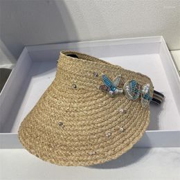 Wide Brim Hats Luxury Pearl Women Bow-knot Headband Straw Hat Raffia Visor Cap For Girls Beach Braided Fashion Lady Sun 2023