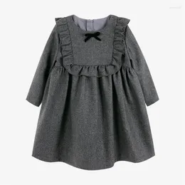Girl Dresses ML05151 Autumn Winter Latest Children's Woollen Preppy Style Ruffle Edge Long Sleeve Dark Grey Dress