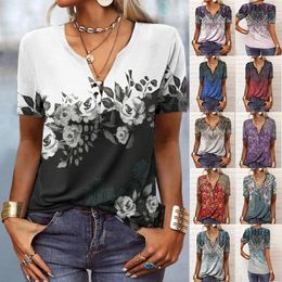 Womens TShirt Summer Fashion Printed Tshirt Casual V Neck Floral Vintage Shortsleeved Buttons Loose Y2k Pullover Tee Shirt Tops 230420