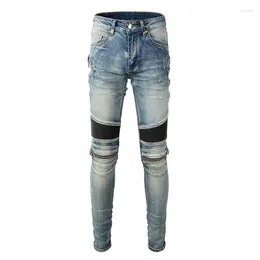 Men's Jeans Street Fashion Men Retro Blue Elastic Slim Fit Spliced Biker Homme Leather Patch Designer Hip Hop Brand Pants