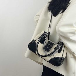 Evening Bags Vintage Sweet Cool Girls Canvas Underarm Bag Patent Leather Women's Metal Chain Shoulder Crossbody Bags Y2k Tote Purse Handbags J230419