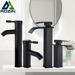 Bathroom Sink Faucets Rozin Matte Black Basin Faucet Deck Mounted Single Lever Crane Waterfall Brass Tap Cold Water Mixer Taps 230419