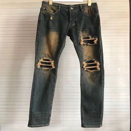 2023 Mens Jeans Pants washing Ripped High Street Fashion Detail Knee black Embroidery alphabetMen Slim Motorcycle For Mens Vintage Distressed Denim Jean Pants