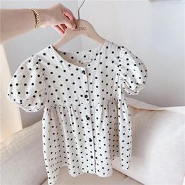 Girl Dresses 2023 Summer Polka Dots Korean Style Toddlers Girls Casual Dress Linen Cotton Puff Sleeve Kids Children Clothes