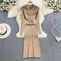 Casual Dresses Elegant Dress Women 2023 Turn-down Collar Autumn Solid Colour Knitted Screw Thread Vestidos Female Slim Drop