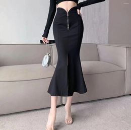 Skirts Black Package Hip High Waist Fishtail Elegant Women Knee-length Office Zipper Split Midi Fashion 2023