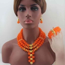 Necklace Earrings Set Latest Nigerian Party Beads Women Choker Jewlery Orange Crystal African W14023