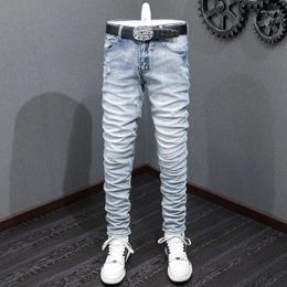 Men's Jeans High Street Fashion Men Retro Light Blue Plain Washed Stretch Skinny Ripped Vintage Designer Brand Pants Hombre