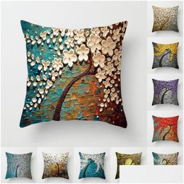 Cushion/Decorative Pillow Decorative Pillow Three-Nsional Oil Painting Trees Flowers Cotton Cushion Pillowcase Living Room Shell Sofa Dhdvr