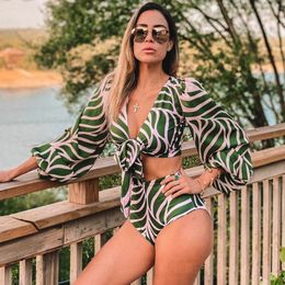 Women's Swimwear Leaves Printed Bikini Women Swimwear Long Sleeve Swimsuit High Waist Biquini Bathing Suit Beach Wear Summer 230420