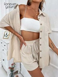 Women's Tracksuits Cotton Casual Summer Tracksuit Solid Female Two Piece Sets Turn-Down Collar Short Sleeve Shirt Tops And Loose Mini Shorts Suits P230419