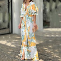 Casual Dresses Ellafad Maxi Dress Summer Stylish Print Short Puff Sleeve V Neck Nipped Waist Slim Single Row Button Beach Party 230419