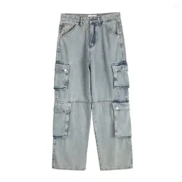 Men's Jeans Side Pocket Washed Light Blue Baggy For Men Pantalones Hombre Y2k Straight Casual Denim Trousers Oversized Cargo Pants