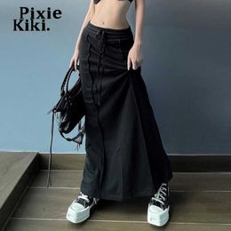 Skirts PixieKiki Streetwear Y2k Drawstring Low Rise Maxi Skirts Womens 2023 Fall Fashion Black Long Skirt P77-CZ30 P230420