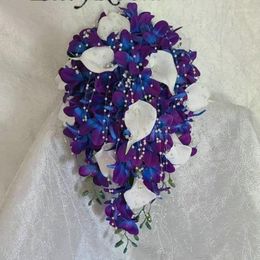 Wedding Flowers 2023 Blue&Purple Galaxy Orchid Picasso Teardrop Bridal Bouquet White Calla Lilies Pearls Artificial Waterfall