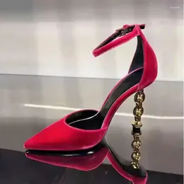 Dress Shoes Pink Velvet Chain Heels Women Pumps Pointed Toe Buckle Strap Hollow Thin Banquet Footwear Nude Black Patent Leather