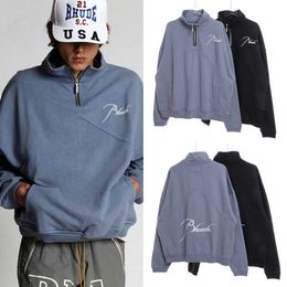 Designer Clothing Hoodies Fashion Sweatshirts Rhude Embroidered Letter Standing Neck Half Zip Sweater American High Street Simple Solid Colour Terry Coat Couple