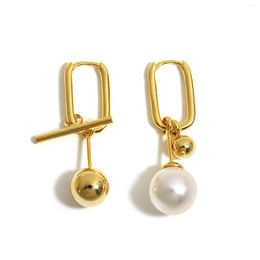 Hoop Earrings AENSOA Asymmetry Irregular Pearl Geometric Drop For Women Gold Colour Hollow Oval Metal Ball Hanging