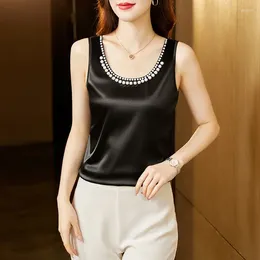 Women's Blouses Fashion Satin Blouse Women Tank Tops Pearl Button Womens Suit Bottom Shirt O-neck Elegant Clothing OL