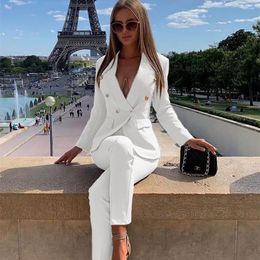 Women's Two Piece Pants Ladies Women's Pantsuit Elegant White Pink Business Classic Double-breasted Buttons 2 Pieces Formal Party Suits