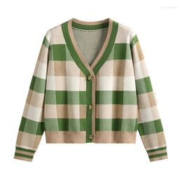 Women's Knits EVNISI Women Green Grid Cardigan Sweater V-Neck Casual Coat Button Up KniCardigan For 2023 Autumn Winter