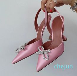 Fashion Luxury designer Pink Satin bow Rhinestone buckle decoration Womens Dress Shoes genuine leather Top quality Large