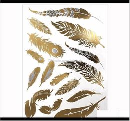 Tattoos Body Art Health Beauty1Pcs Flash Metallic Waterproof Gold Sier Women Fashion Henna Peacock Feather Design Temporary Tatt7726712