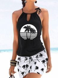 Casual Dresses Coconut Tree Tie Keyhole Neck Sleeveless Mini Dress Women Sexy Tank Slim Fit Beach Short Sundress Summer Black