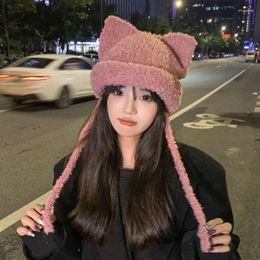 Berets 2024 Cute Hat Ears Women's Hats Autumn And Winter Korean Version Versatile Thermal Ear Protection Knitted Strap Beanies Cap