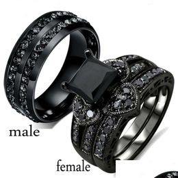 Band Rings Fashion Couple Rings Women Black Heart Crystal Cz Set Mens Two Rows Stone Stainless Steel Ring Wedding Jewellery Dr Dhgarden Ot6We