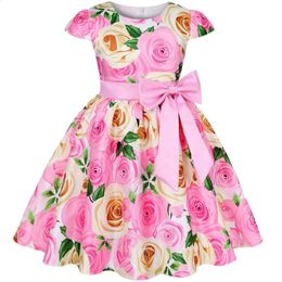 Girl's Dresses Summer Girls Rose Print Dress Princess Wedding Birthday Party Frocks Satin Children Vestidos For Girl Christmas Clothing 231118