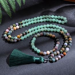 Strands Strings 8mm Indian Agate Green Aventurine 108 Beads Japamala Necklace Bracelet Set Meditation Yoga Blessing Men and Women Jewellery 230419