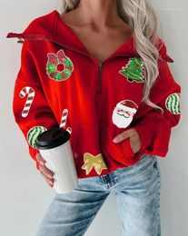 Women's Sweaters Women Drawstring Zipper Design Hoodies 2023 Long Sleeve Christmas Sequin Graphic Decor Sweatshirt Pullover Loose Fit