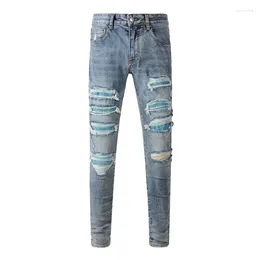 Men's Jeans Streetwear Fashion Men Retro Washed Blue Stretch Skinny Fit Ripped Beading Patched Designer Hip Hop Brand Pants