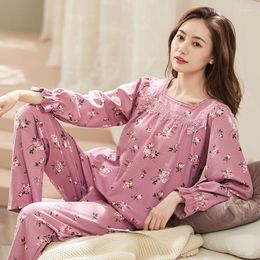 Women's Sleepwear Full Pure Cotton Sleep Lounge Pyjama Long Sleeve Tops Pants Woman Set Floral Pyjamas M-XXXL For Women