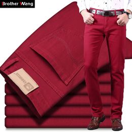 Mens Jeans Classic Style Wine Red Fashion Business Casual Straight Denim Stretch Trousers Male Brand Pants 230420