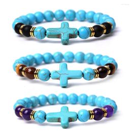 Strand 10pcs Summer Style Cross Bracelets Classic 8MM Turquoises Beads Natural Stone Elastic Friendship Bracelet Women Men Jewelry MKI