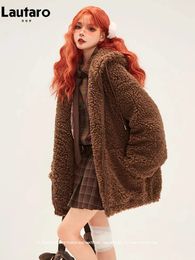 Women's Fur Faux Lautaro Autumn Winter Sweet Cute Lovely Warm Thick Soft Brown Coat Women with Bear Ears Fuzzy Fluffy Jacket Hoodie 2023 231120