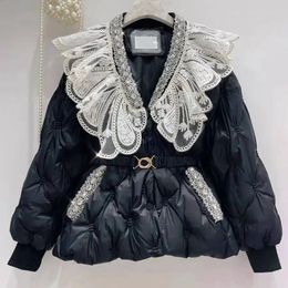 Women's Down Parkas Luxury Diamond Wadded Jacket Korea Beading Vneck Lace Long Sleeve Cottonpadded Coat Elegant Fairy Loose 231118