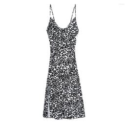 Casual Dresses For Women Party Cowl Neck Sleeveless Spaghetti Strap Leopard Print Midi Dress With Slit Summer Sexy Slip