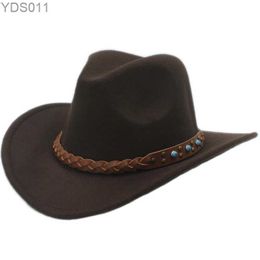 Wide Brim Hats Bucket Hats LUCKYLIANJI Wool Felt Western Cowboy Hat For Kid Child Wide Brim Cowgirl Kallaite Braid Leather Band (Size 54cm Adjust Rope) YQ231120