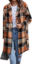 winter jacket women Plaid Pullover Casual Buttoned Wool Blend Winter Plaid Pocket Trench Coat 12TZCL