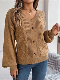 Women's Sweaters Autumn And Winter Sweater For Female Fashion Solid Colour V-neck Button Twist Knit Lantern Sleeve Casual Pullover Blouse