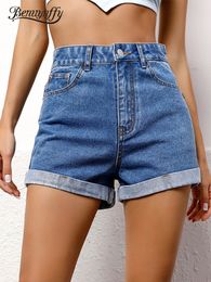 Womens Shorts Benuynffy Zipper Fly Roll Up Hem Denim Shorts Women Fashion Summer High Waist Pockets Female Straight Leg Jean Shorts For Woman 230420