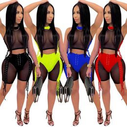 Women's Tracksuits CM.YAYA Women Lace Up Sexy Mesh See Though Patchwork Tops Shorts Suit Club Party Night Tracksuit Two Piece Set Fitness Outfits P230419