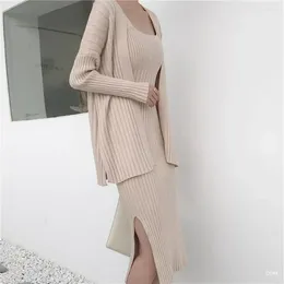 Work Dresses VOLALO High Quality Winter Women's Casual Long Sleeved Cardigan Suspenders Sweater Vest Dress Two Piece Runway Suit